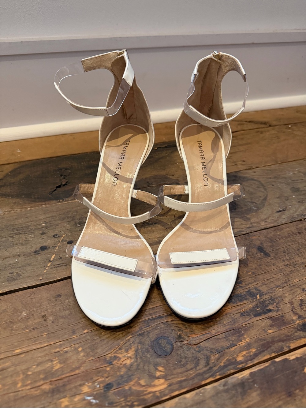 Tamara Mellon White & Clear Strappy Ankle-Heel Sandals